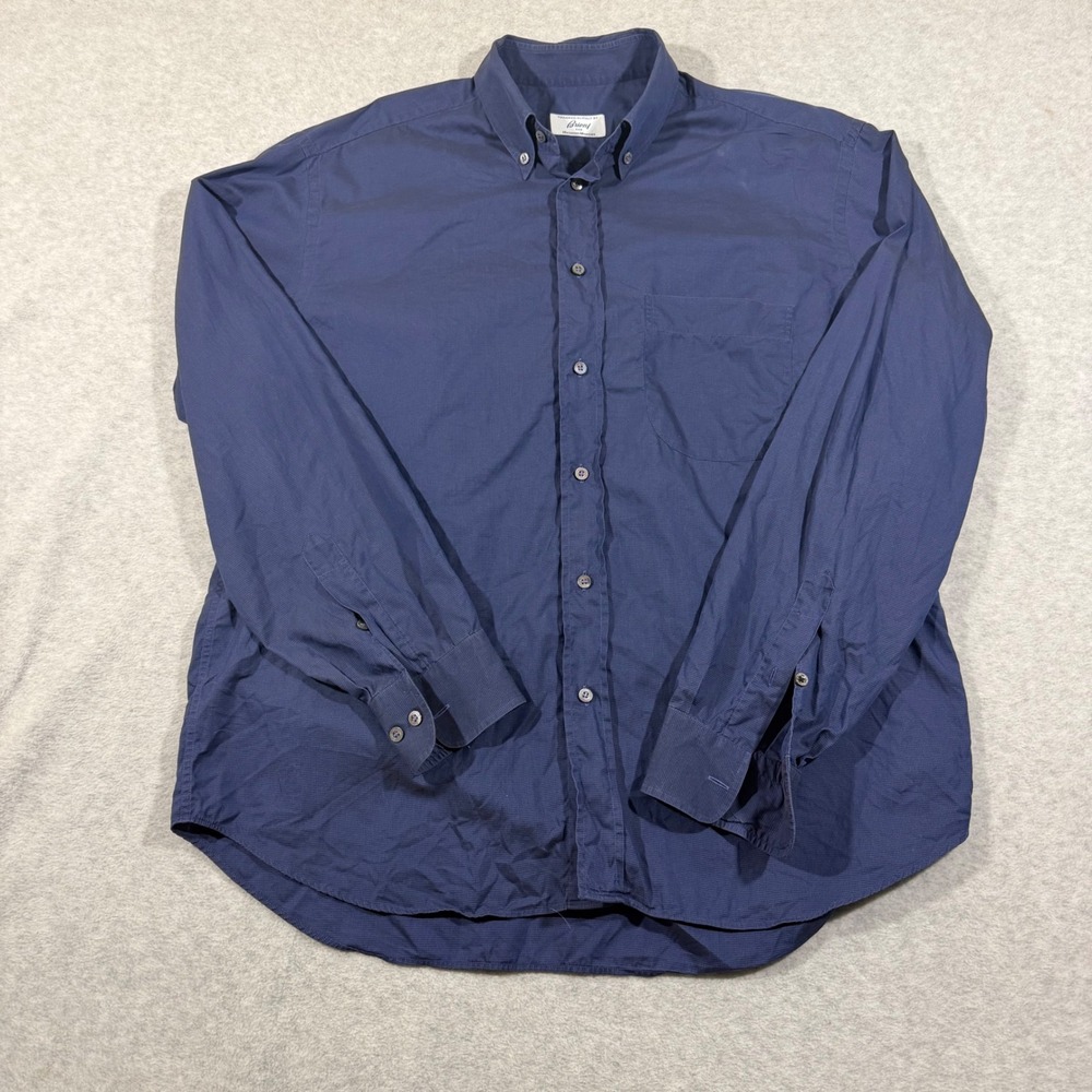 Brioni Neiman Marcus Shirt Men XL Navy Blue Cotton Button Down Micro Check Italy